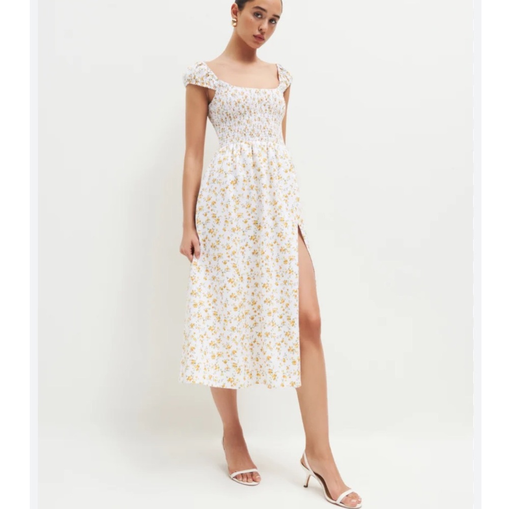 Like New Reformation Tavi Linen Dress in Adagio Floral White Orange